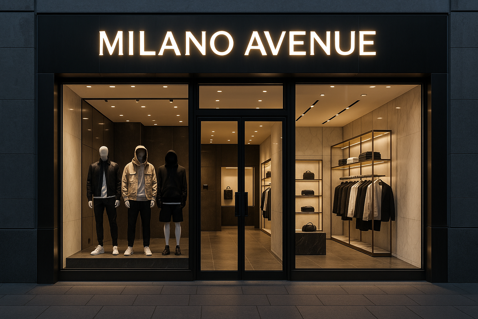 creami un negozio di abbigliamento luxury streetwear chiamato Milano Avenue. il nome si deve vedere nell'insegna